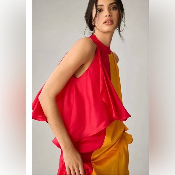 Anthropologie Pinnacle Shruti Sancheti Ruffled Dress Mock Neck Colorblock XL L - Picture 2 of 13